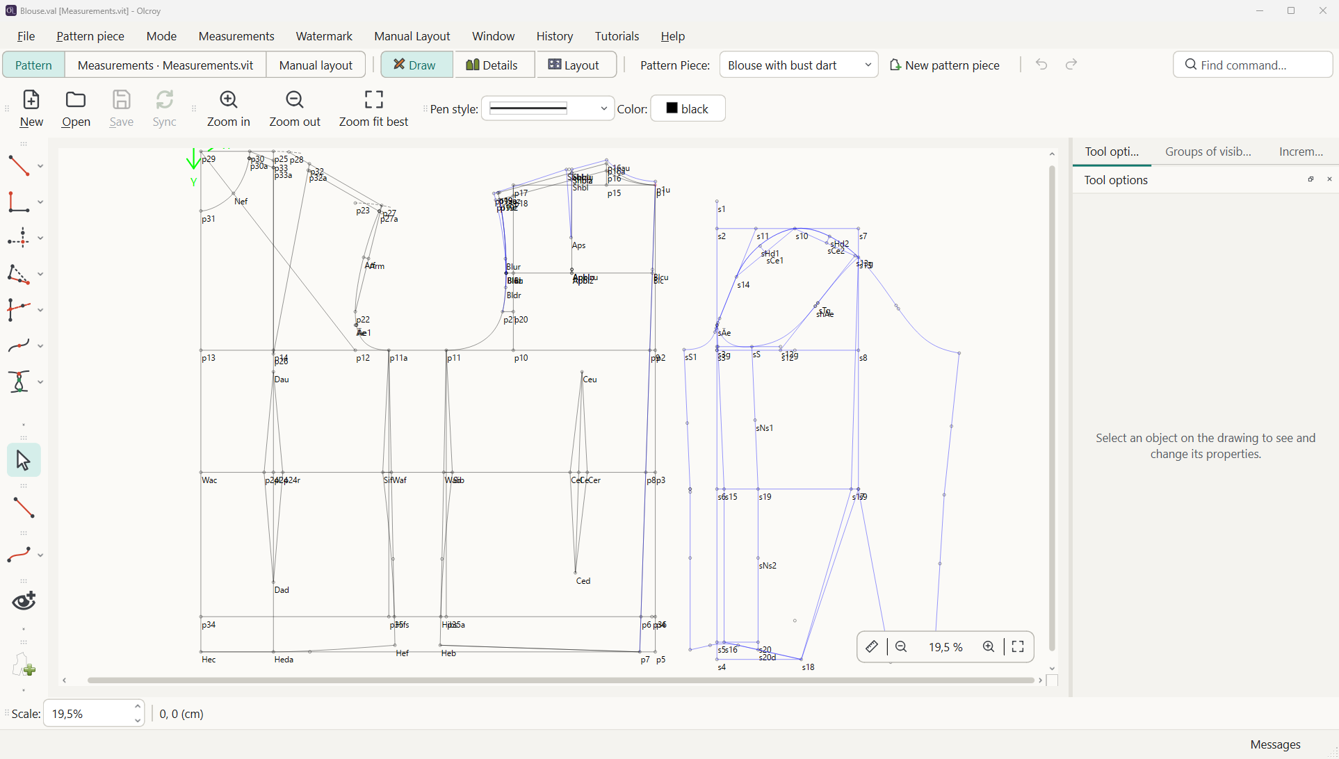 The Olcroy window with the blouse from the generator open: the Pattern, Measurements and Manual layout pages and the Draw, Details and Layout modes at the top, the tools on the left, the properties panel on the right