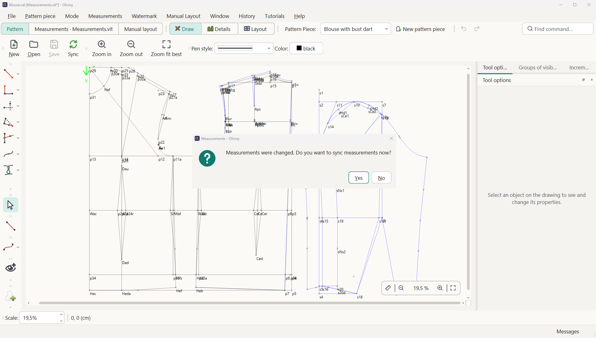 The question "Measurements were changed. Do you want to sync measurements now?" with Yes and No over the pattern