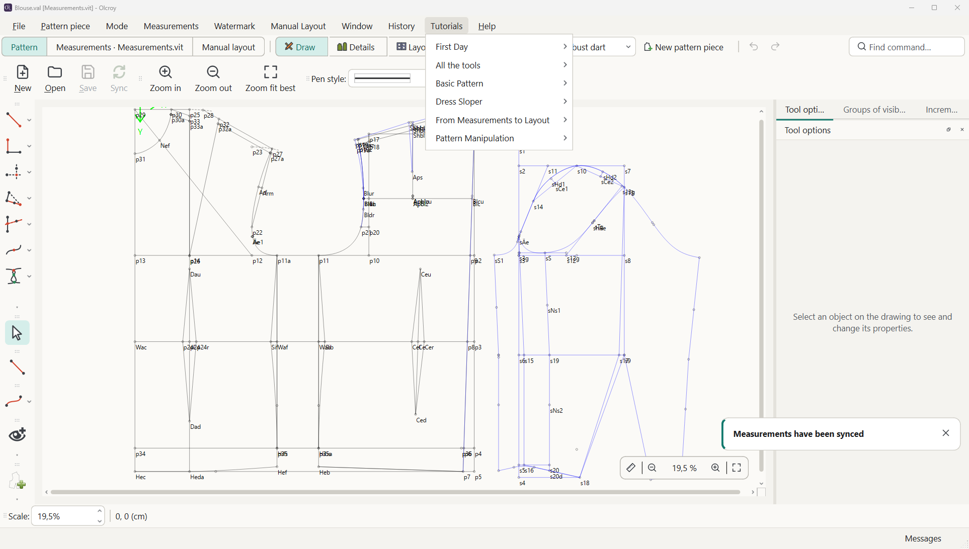 The open Tutorials menu: First Day, All the tools, Basic Pattern, Dress Sloper, From Measurements to Layout, Pattern Manipulation