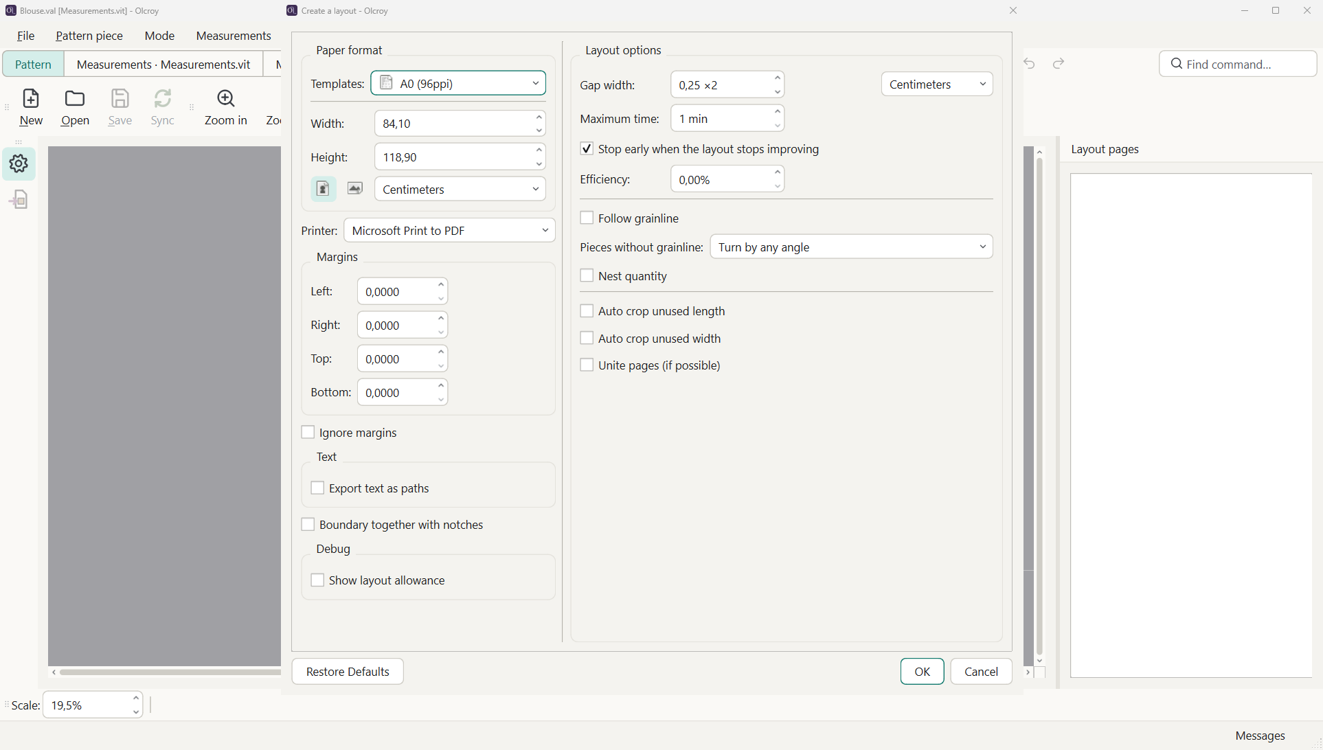 The Create a layout dialog with A0 chosen under Templates and the other settings left as they are