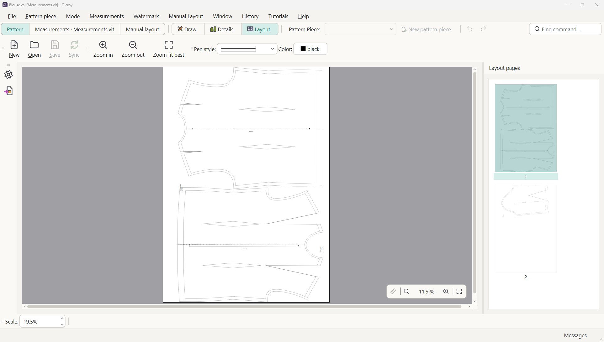 Layout mode: the blouse pieces on the first A0 sheet, the list of the two layout pages on the right