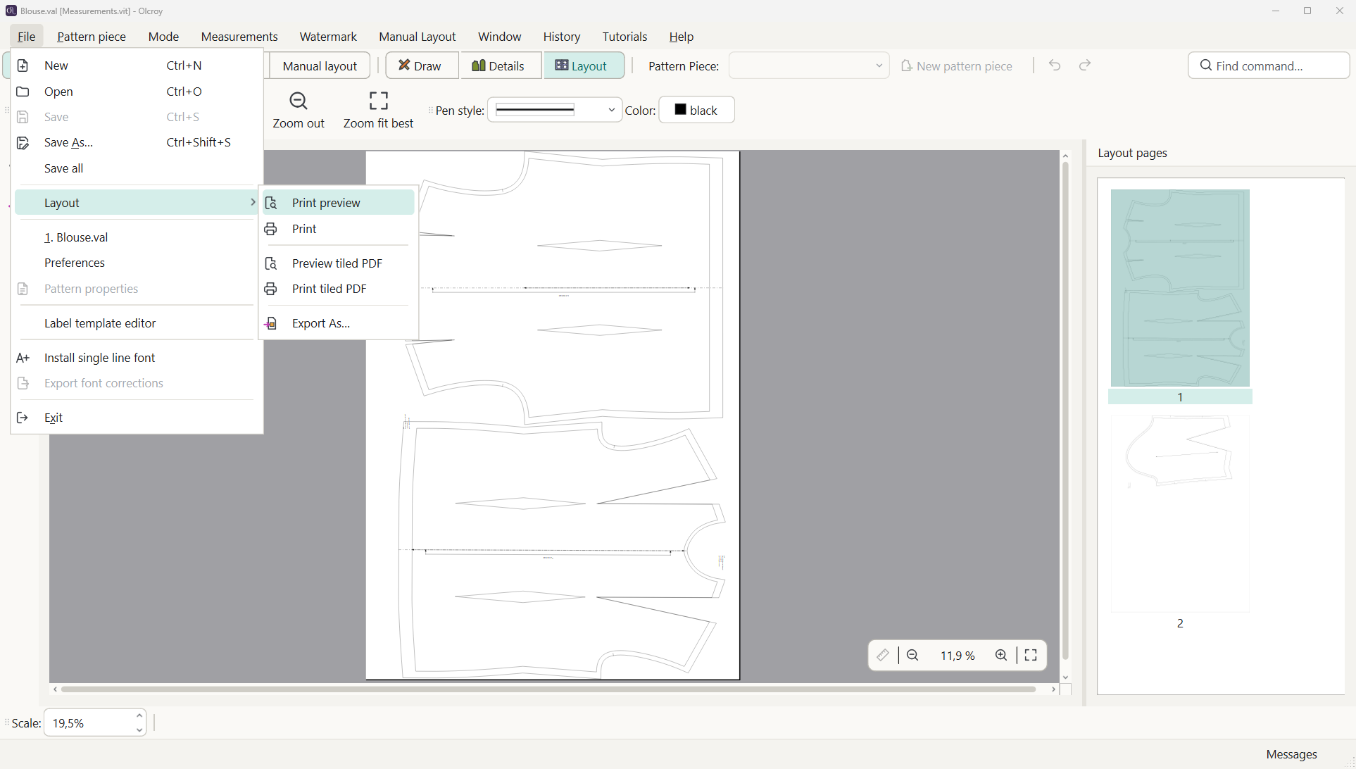 The File → Layout menu with Print, Print tiled PDF and Export As…