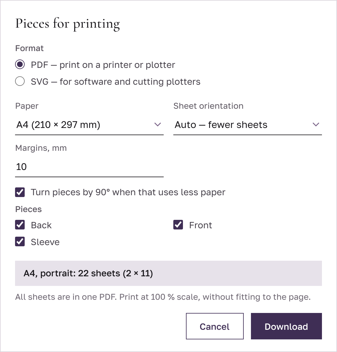 “Pieces for printing” window: PDF format, A4 paper, auto orientation, margins 10 mm, three dress pieces, total “A4, portrait: 22 sheets (2 × 11)”