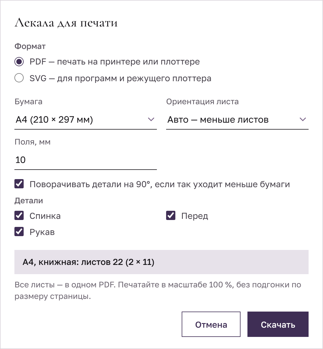 Окно «Лекала для печати»: формат PDF, бумага A4, ориентация авто, поля 10 мм, три детали платья, итог «A4, книжная: листов 22 (2 × 11)»