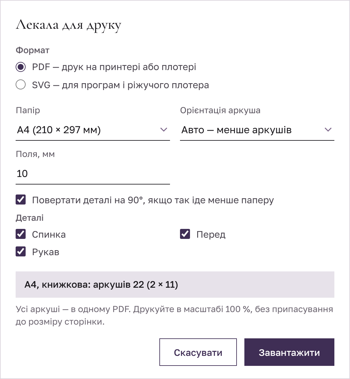 Вікно «Лекала для друку»: формат PDF, папір A4, орієнтація авто, поля 10 мм, три деталі сукні, підсумок «A4, книжкова: аркушів 22 (2 × 11)»