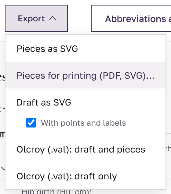 “Export” menu of the generator, with the “Pieces for printing (PDF, SVG)…” item highlighted